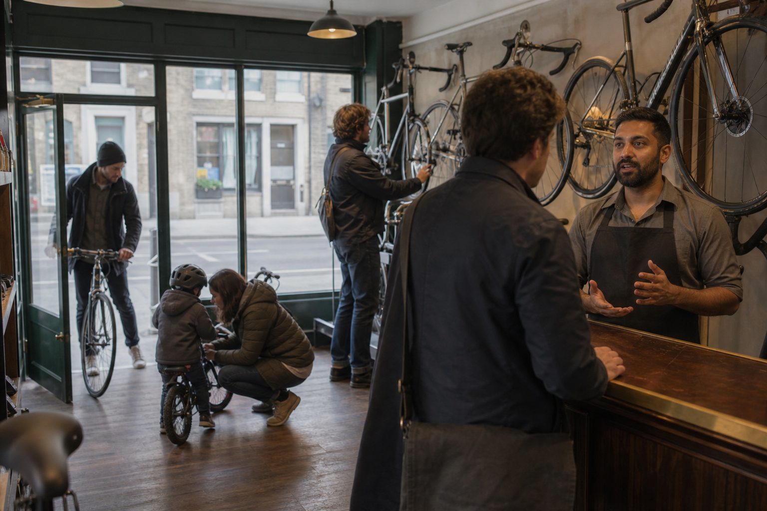 The bike shop mid-morning, busy with customers