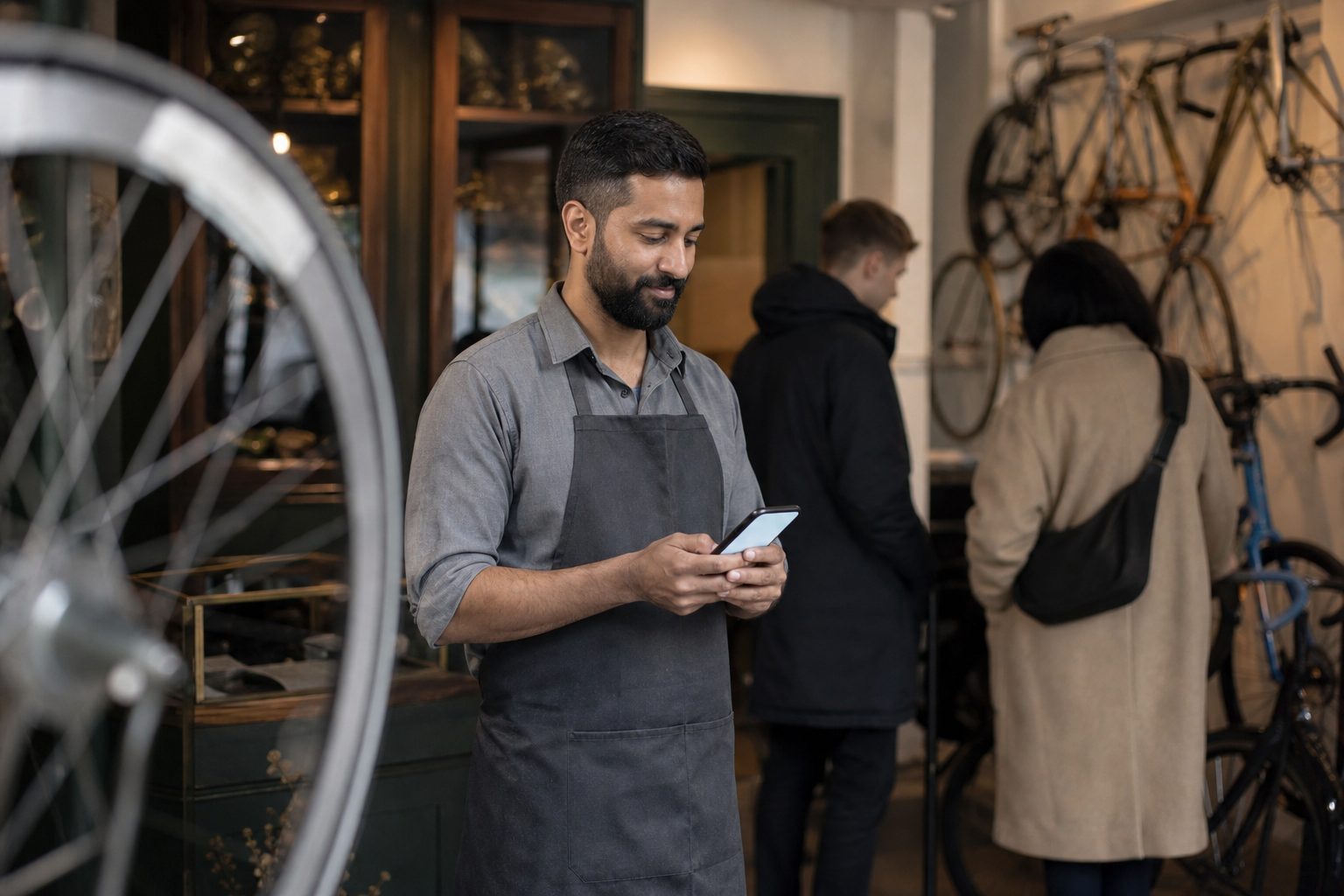 Sunil standing in the shop with his phone in his hand