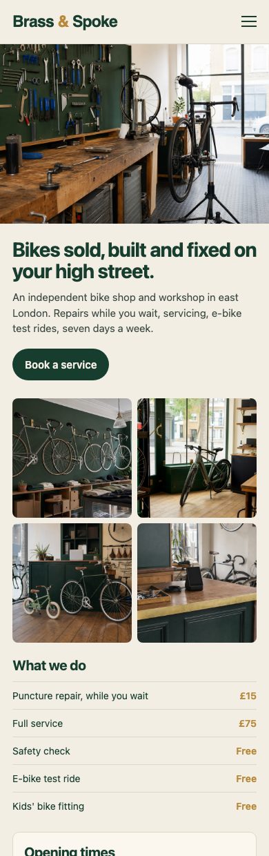 The bike shop's own website on a phone
