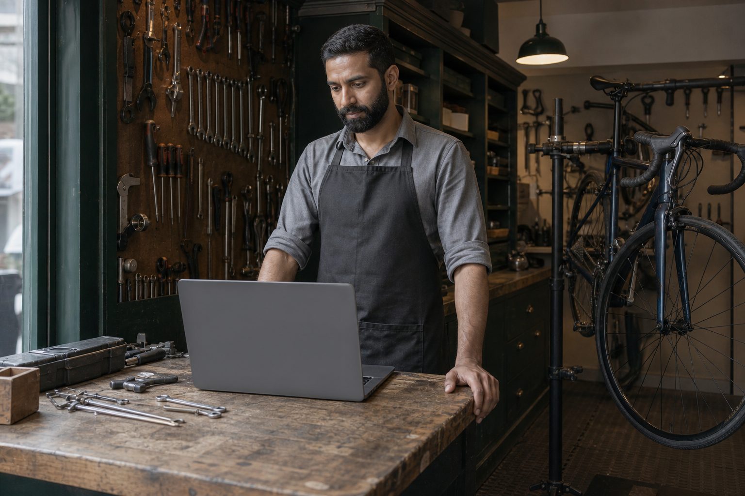 Sunil at the workbench with a laptop open among the tools