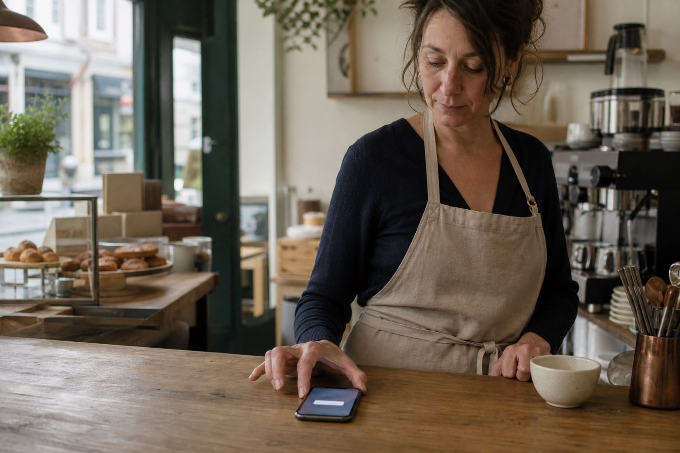 A shop owner looking at their phone behind the counter